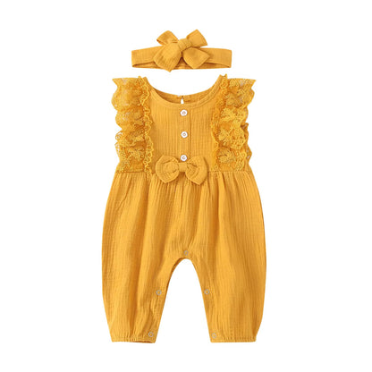 Baby Girl Cotton Linen Romper Two-Piece Clothes Set Sleeveless round Collar Jumpsuit Headdress Pink/ White/ Purple/ Green/Yellow